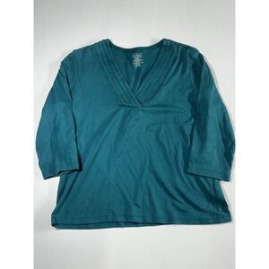 L.L. Bean Women's 3/4 Sleeve Pleated V-Neck Supima Cotton Top Size Medium Teal